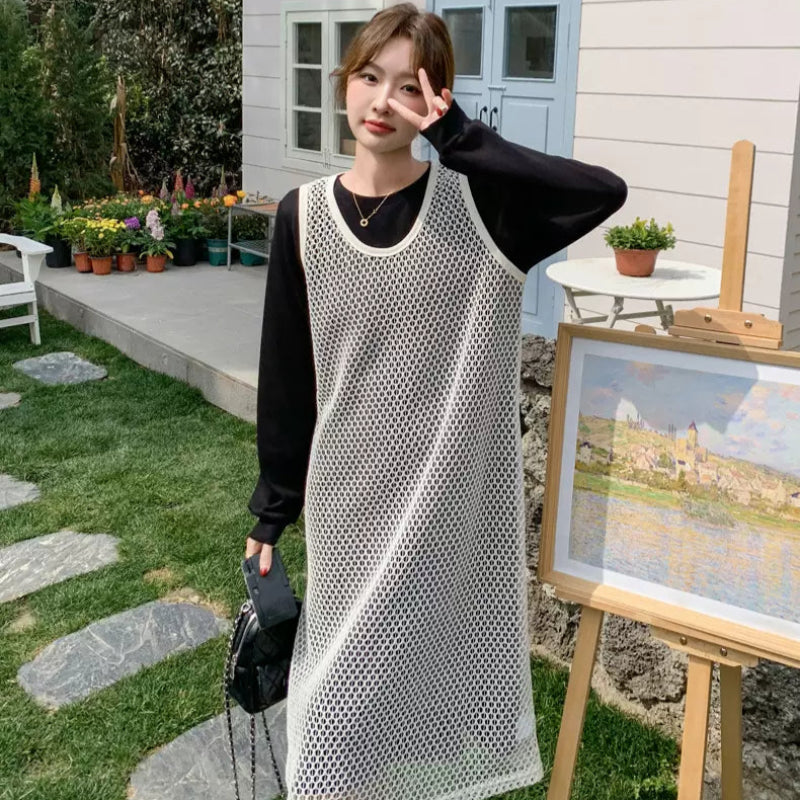 メッシュニット×ブラックワンピースコーデセット