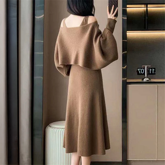 クロップドニット×ノースリーブワンピースSET(3colors)（茶・白・青
