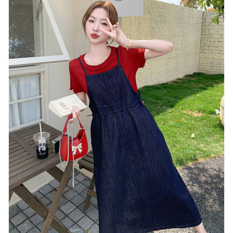 半袖Tシャツ×デニムサスペンダースカートセット