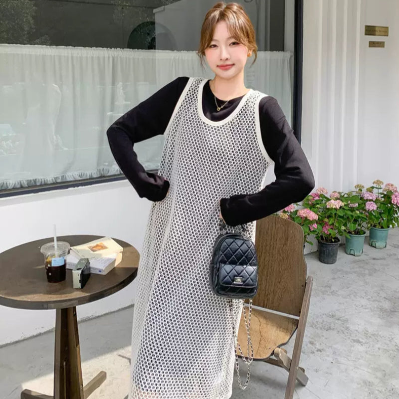 メッシュニット×ブラックワンピースコーデセット