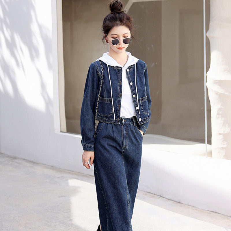 デニムノーカラージャケット×スカートセットアップ (紺) 秋/冬/春 大人