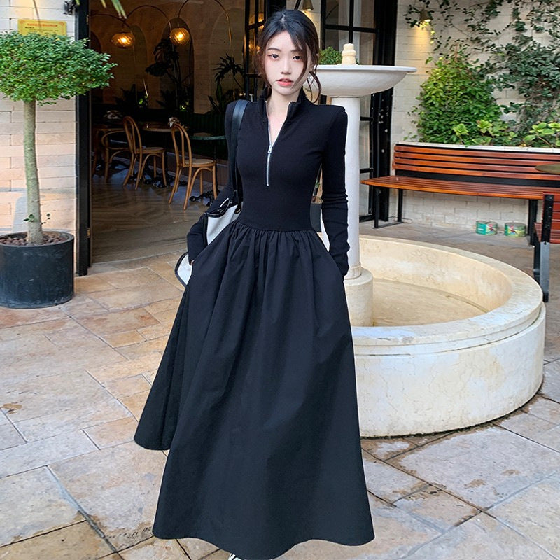 ハーフジップAラインワンピース(2colors)（白・黒）春/秋 スポーティー