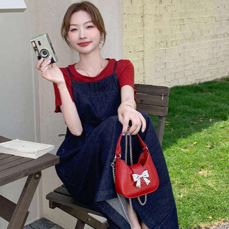 半袖Tシャツ×デニムサスペンダースカートセット