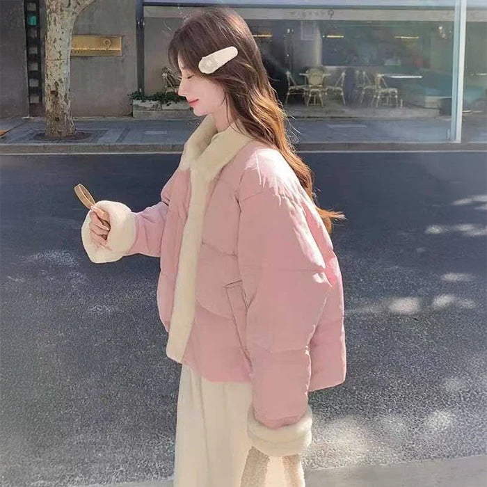 ファー襟ショート丈ダウンジャケット(2colors)（ピンク・青）秋/冬