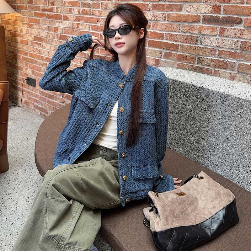 デニム風ノーカラージャケット