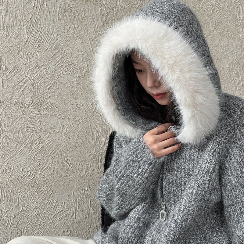 ファーフード付ニットカーディガン(2colors)