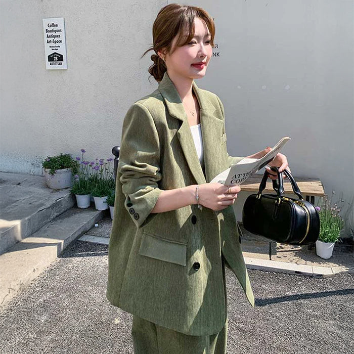 オーバーサイズグリーンセットアップ（緑）秋/冬 都会的なカジュアルスーツ