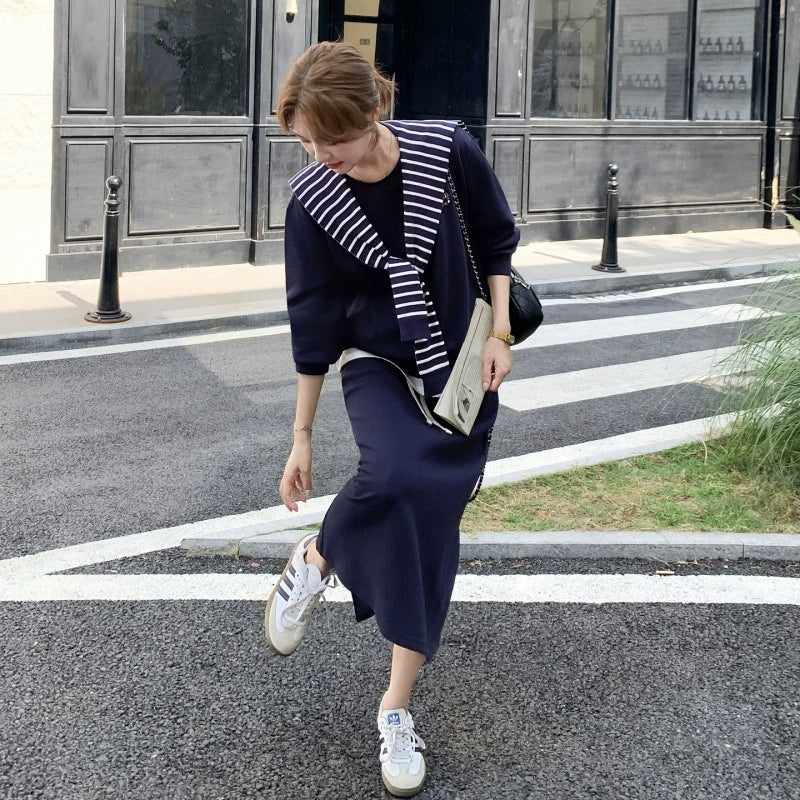 ボーダーショール付きスウェット×スカートセットアップ(2colors)