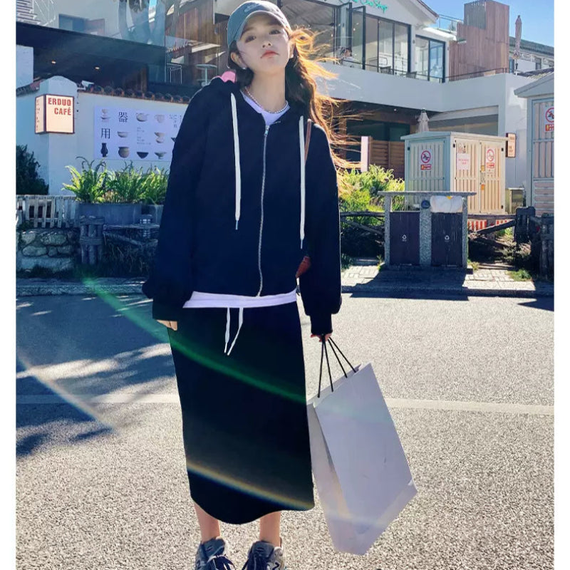 オーバーサイズパーカー×スリットスカートセット(Black)
