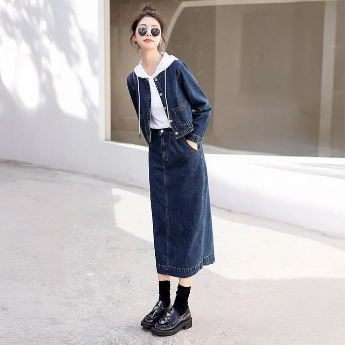 デニムノーカラージャケット×スカートセットアップ