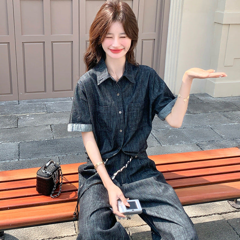 ライトデニムシャツ×ワイドパンツセット