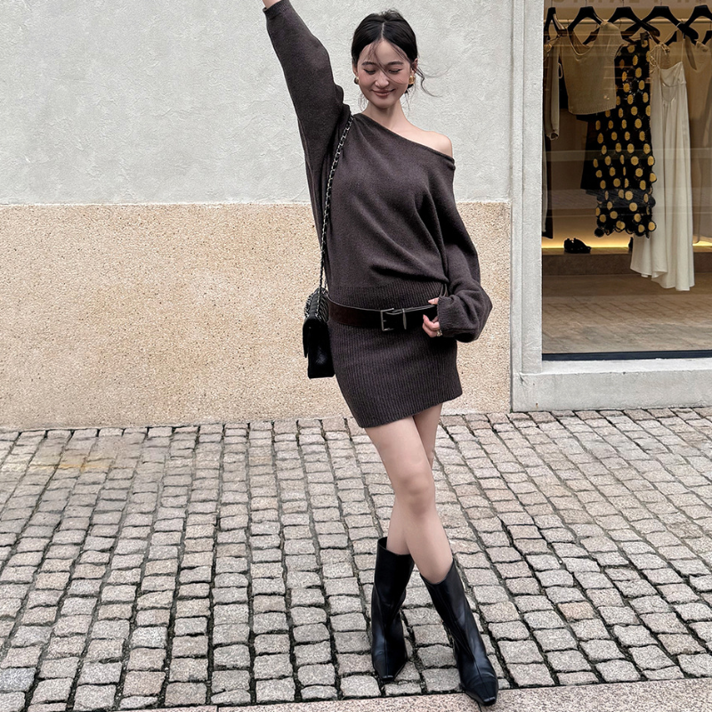 ワンショルダードルマンニットミニワンピース(3colors)