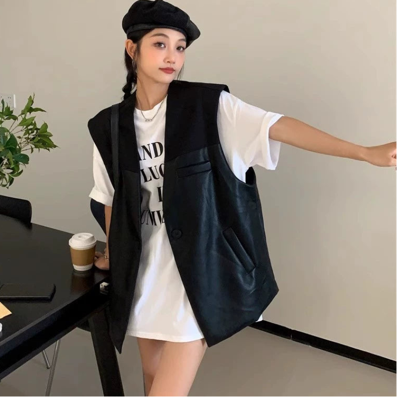 切り換えデザインPUレザーベスト