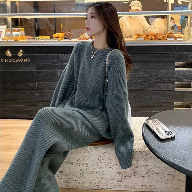 リブニットセットセットアップ（灰）秋/冬 ゆったりオーバーサイズが魅力