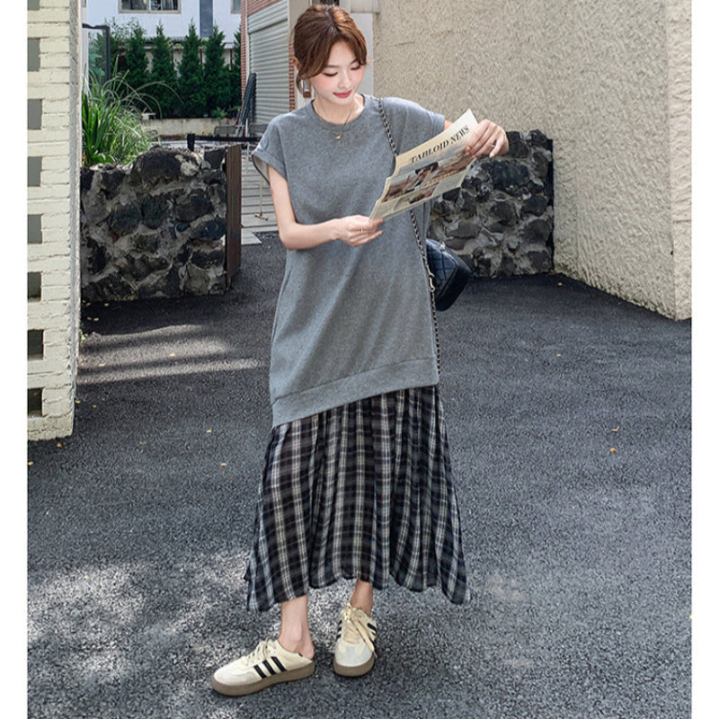 グレーカットソードッキングチェックスカートワンピース