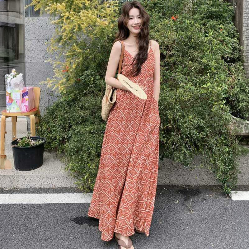 エキゾチックジオメトリックワンピース（赤）春/夏 品のあるリゾートワンピ