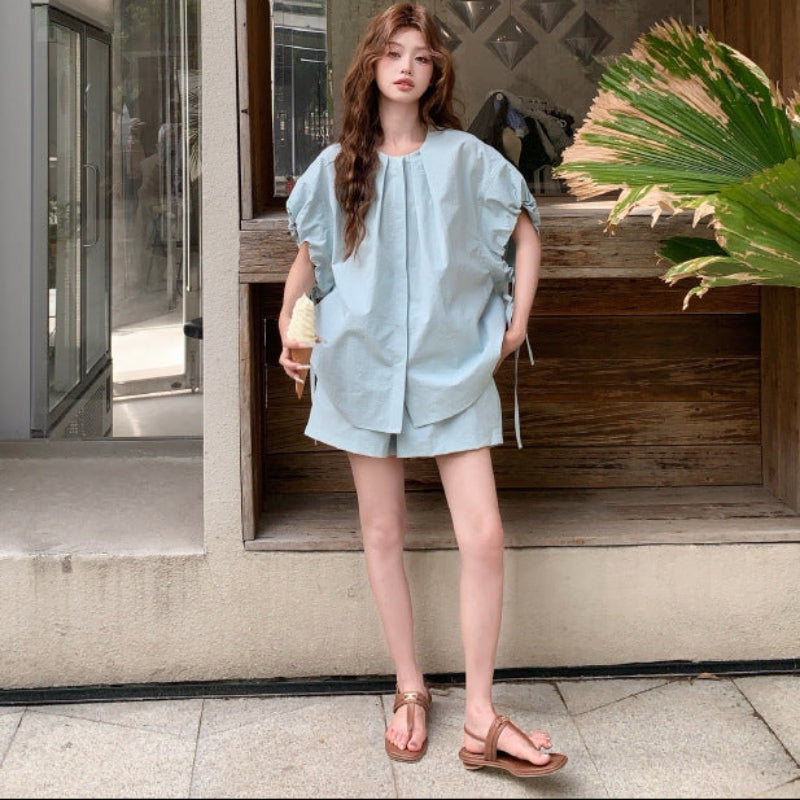 バルーンスリーブトップス×ショートパンツセットアップ