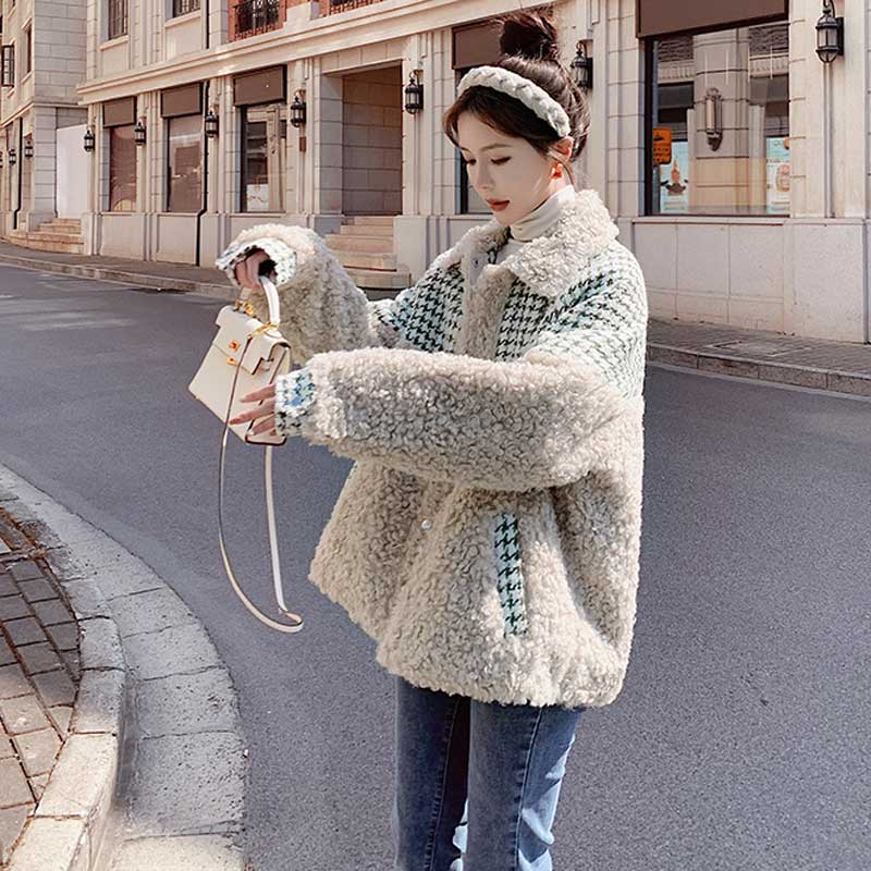 千鳥格子切り替えボアコート