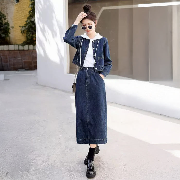デニムノーカラージャケット×スカートセットアップ (紺) 秋/冬/春 大人