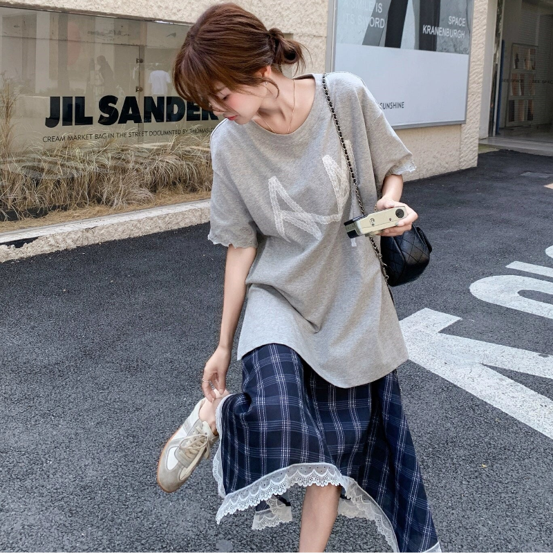 Tシャツドッキングチェックスカートワンピース