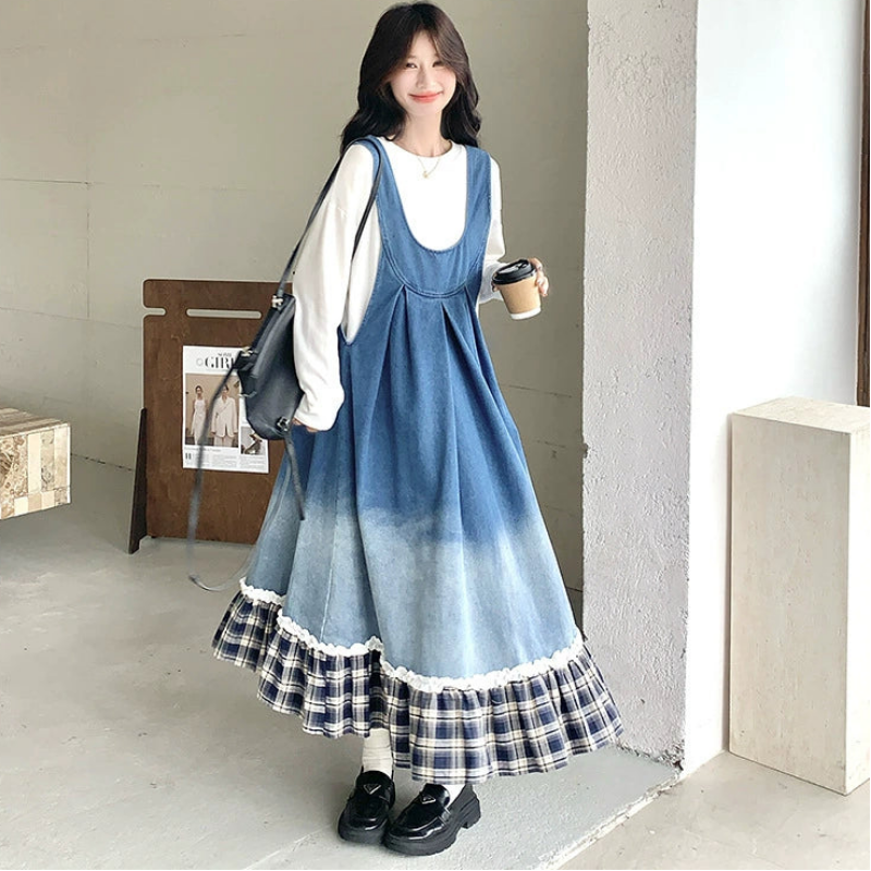トリムチェックデニムジャンパースカート