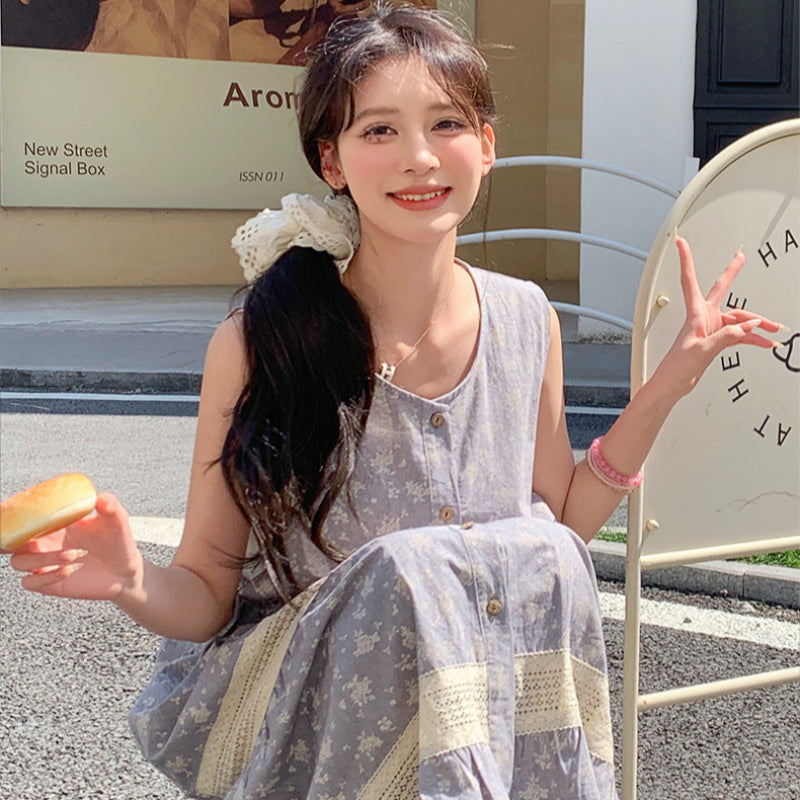 小花柄ノースリーブグレーワンピース