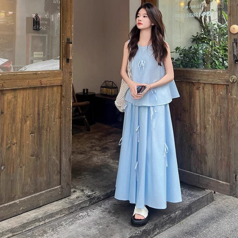 リボンデザインノースリーブトップス×スカートセットアップ