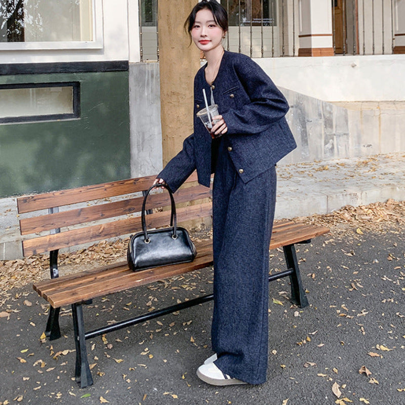 ノーカラージャケット×ワイドパンツセット（紺）秋/春 スタイルを