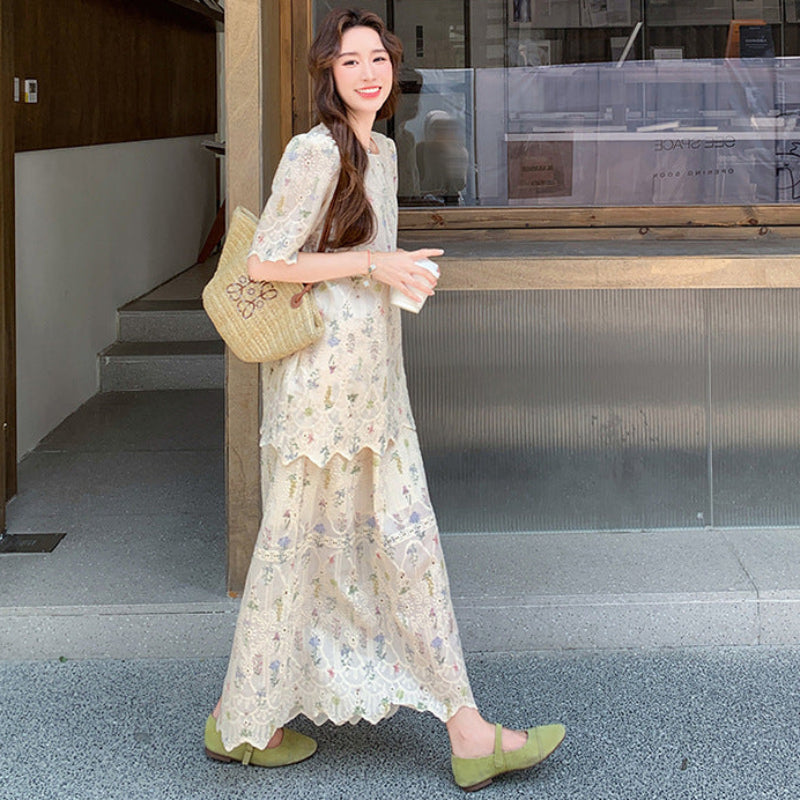 花柄プリントトップス×スカートセットアップ