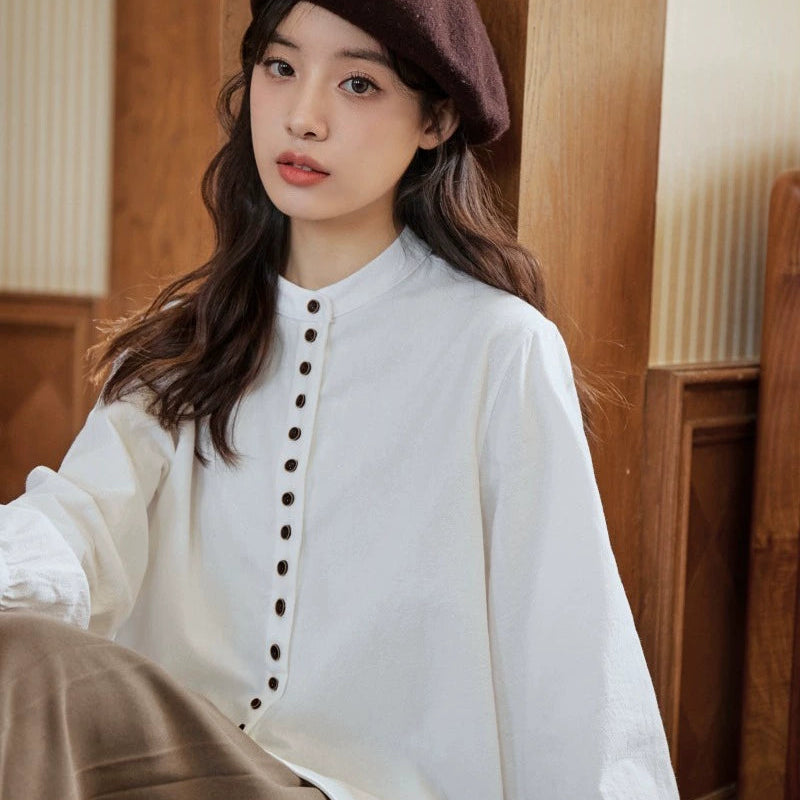 ボタンデザインスタンドカラーブラウス