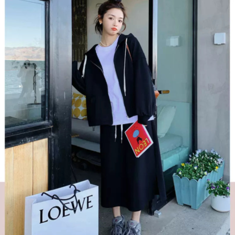 オーバーサイズパーカー×スリットスカートセット(Black)