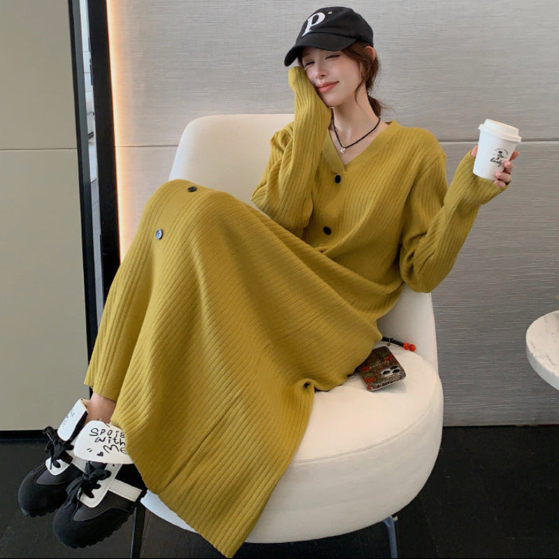 Vネックリラクシーロングニットワンピース(2colors)