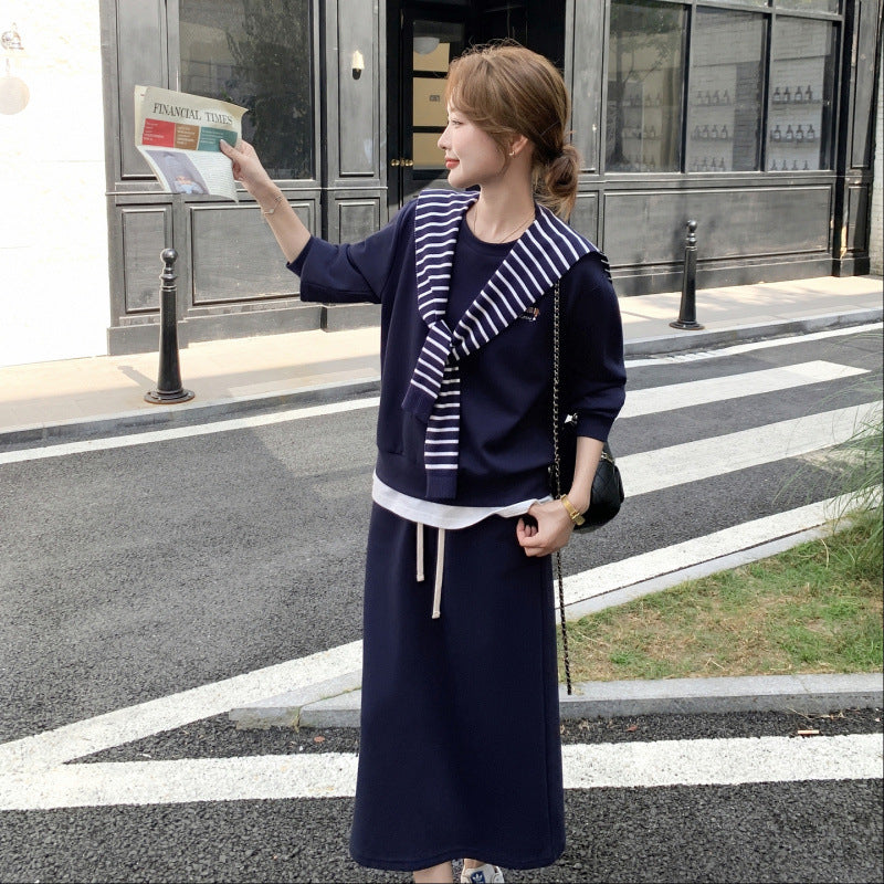 ボーダーショール付きスウェット×スカートセットアップ(2colors)