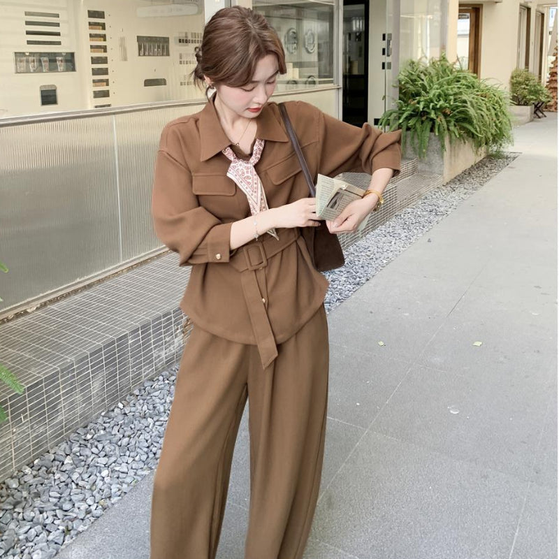 ウエストベルトシャツ×ワイドパンツセットアップ(2colors)