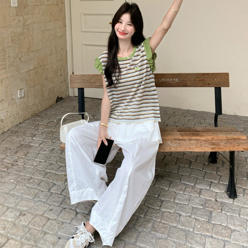 ボーダーノースリーブトップス×デザインワイドパンツ