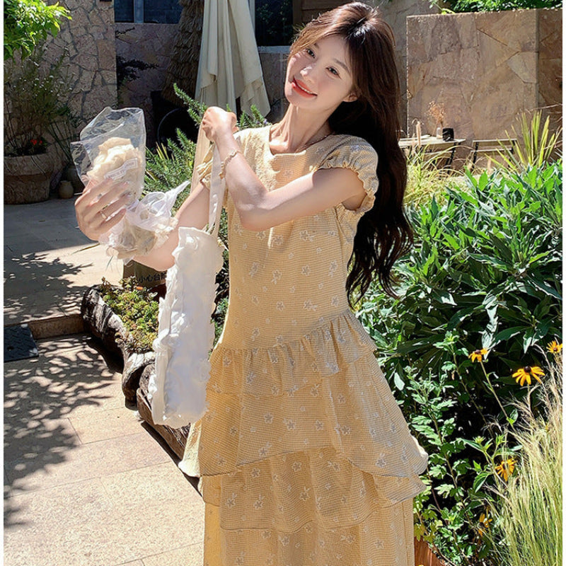 レトロイエローフリルデザインワンピース