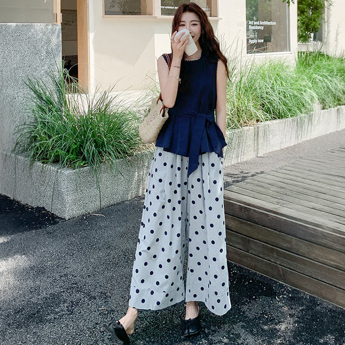 tao 水玉カットソー　リボン リボンカットソー×ドットワイドレッグパンツセット (紺・水玉) 夏