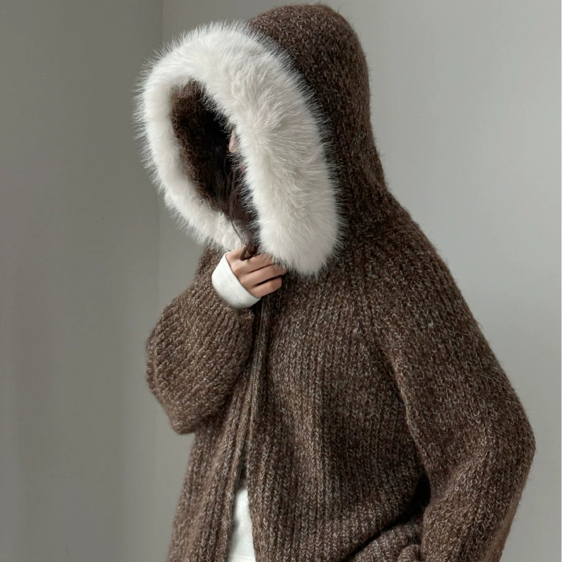 ファーフード付ニットカーディガン(2colors)