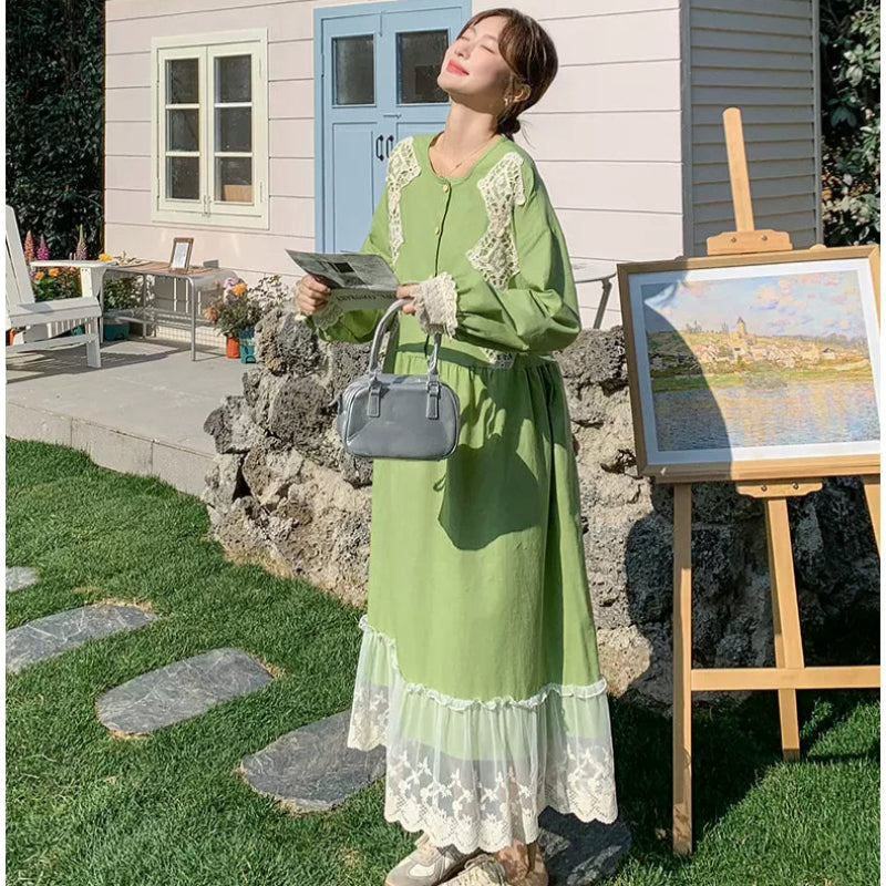 レースステッチロングスリーブワンピース(緑)春/夏 若草色の レースステッチロングスリーブワンピース(緑)春/夏 若草色の