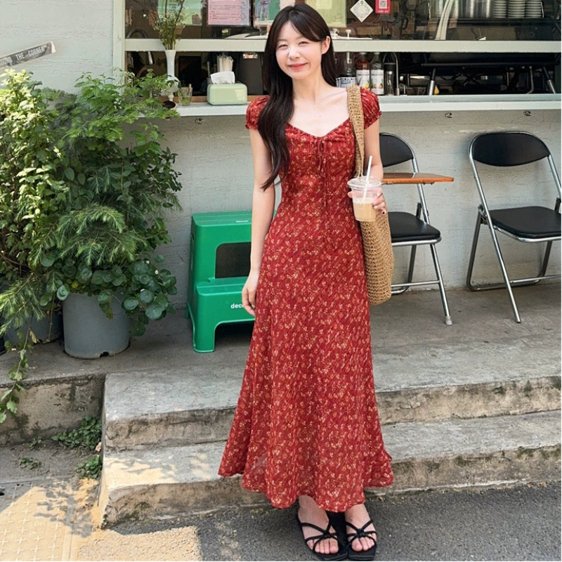 小花柄パフスリーブワンピース