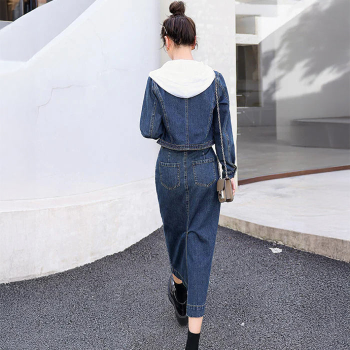 デニムノーカラージャケット×スカートセットアップ