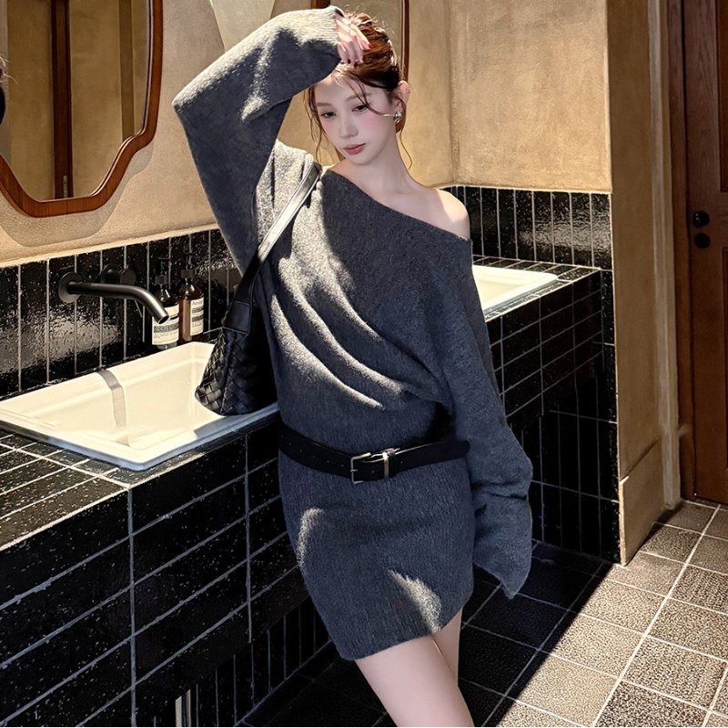 ワンショルダードルマンニットミニワンピース(3colors)