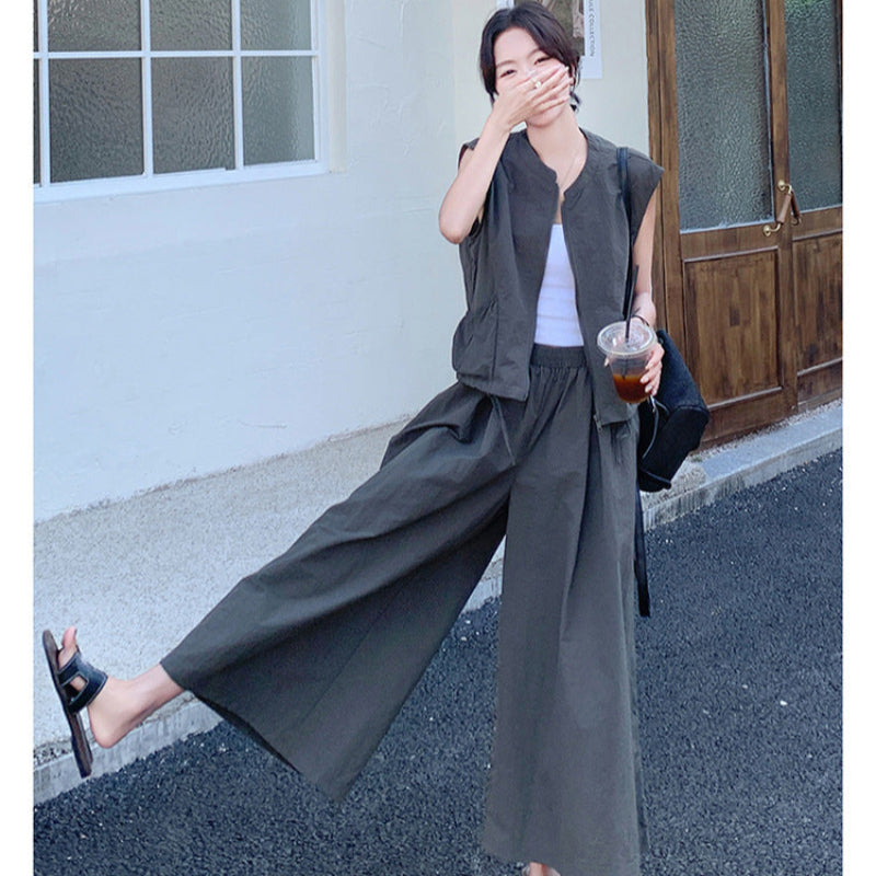 ノースリーブファスナートップス×ワイドレッグパンツセット (灰