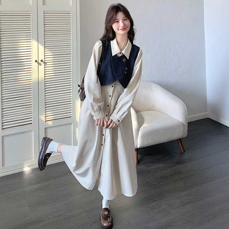 デニムショートベスト×シャツワンピース