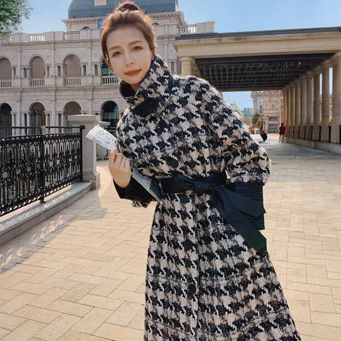 エコレザーコンビネーション千鳥格子柄ロングコート