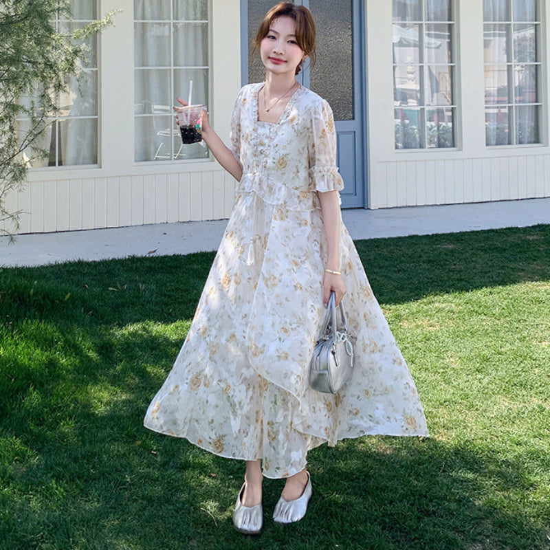 小花柄ハーフスリーブシフォンワンピース
