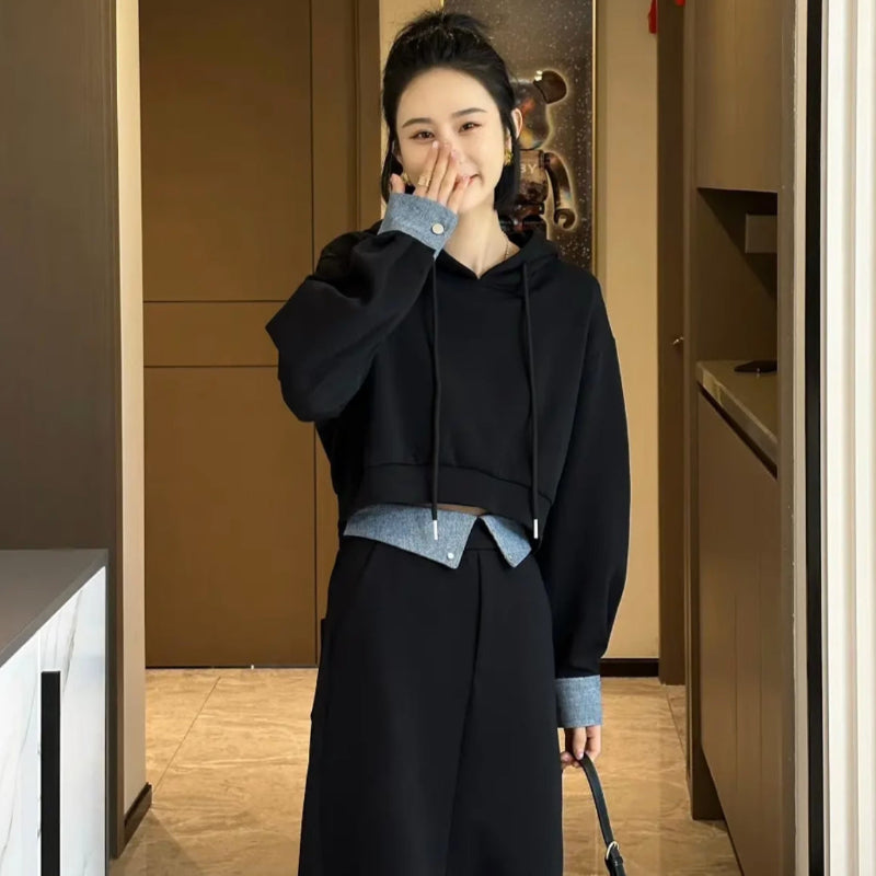 ショート丈パーカー×ロングスカートスウェットセット(2colors) (緑・黒