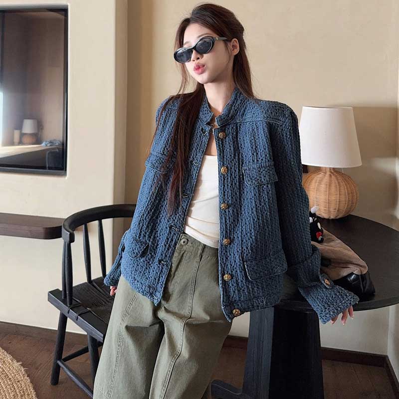 デニム風ノーカラージャケット