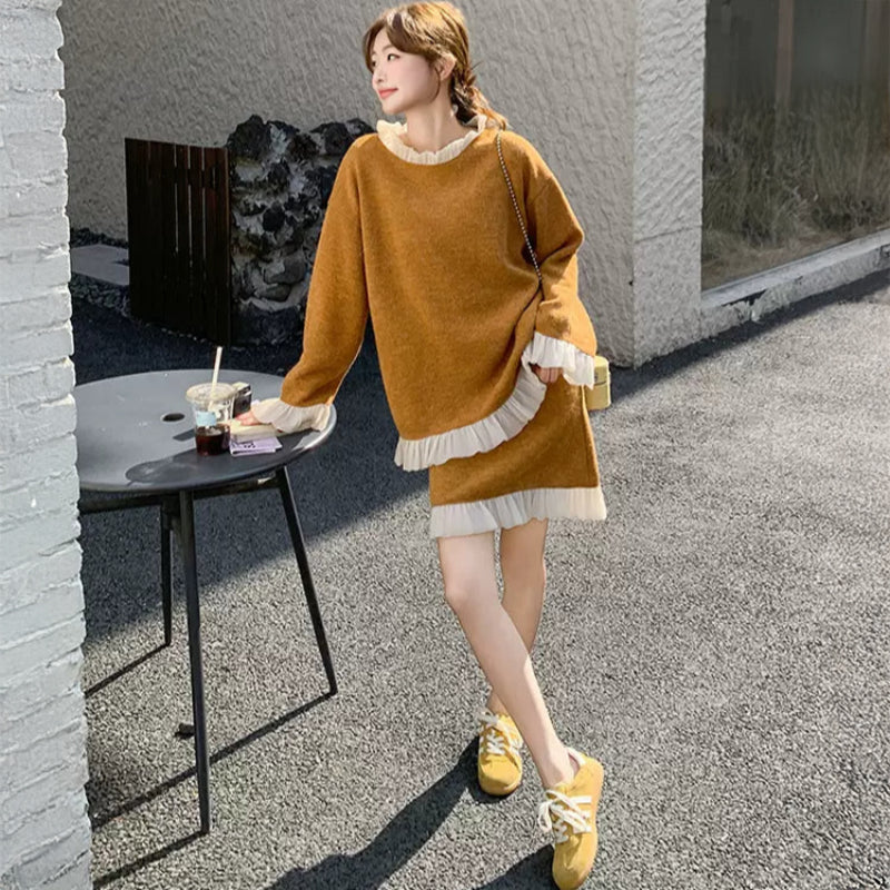 レースデザインニットトップス×ミニスカート(2colors)