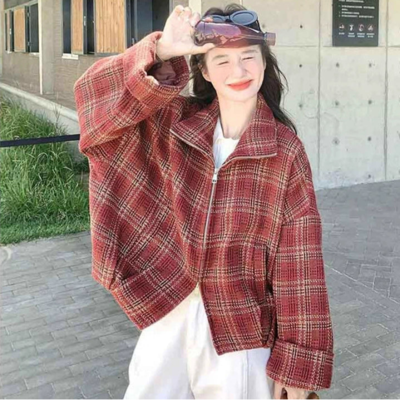 ブロックチェックショートコート